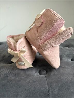 UGG Pink Suede Baby Booties with Bow Accent